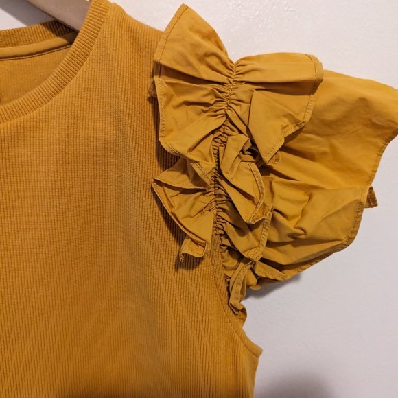 Anthropologie Mustard Yellow Flutter Sleeve Ribbed Knit - Picture 5 of 10